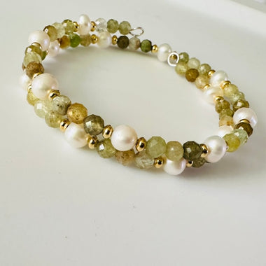 Natural Green Garnet (Tsavorite) and Freshwater Pearl Wrap bracelet | Health Abundance Manifesting - Ai NeJewellery