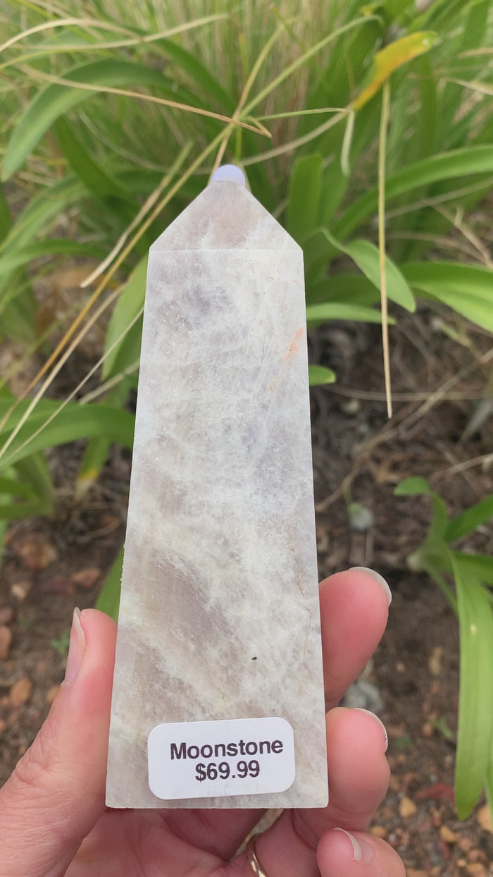 Moonstone Tower 12 cm   Grounding, Protection, Divine Feminine Connection