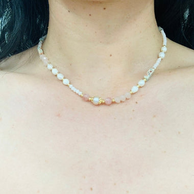 Rose Quartz, Pink Opal & Jasper Necklace with Freshwater Pearls - Ai Ne